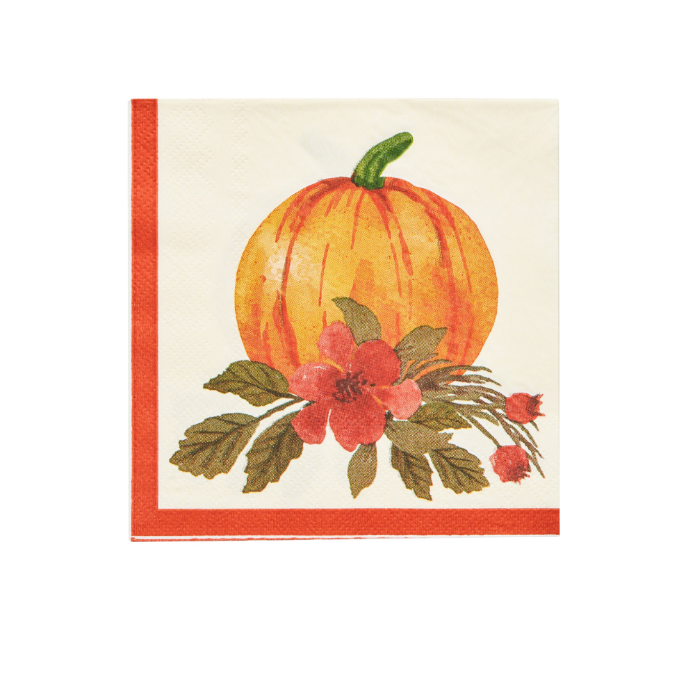 Autumn Foliage Cocktail Napkins featuring a pumpkin and flowers, perfect for enhancing any party table. Includes 20 napkins per package.