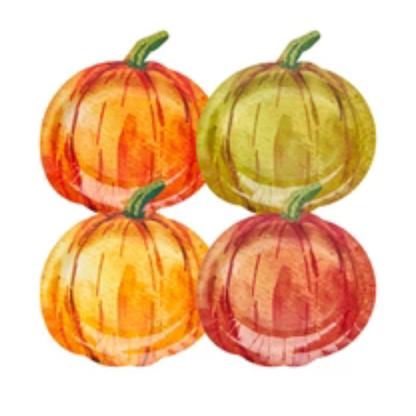 Autumn Foliage Pumpkin Salad Plate set of 8, showcasing painted pumpkins, ideal for enhancing table settings at parties and special events.