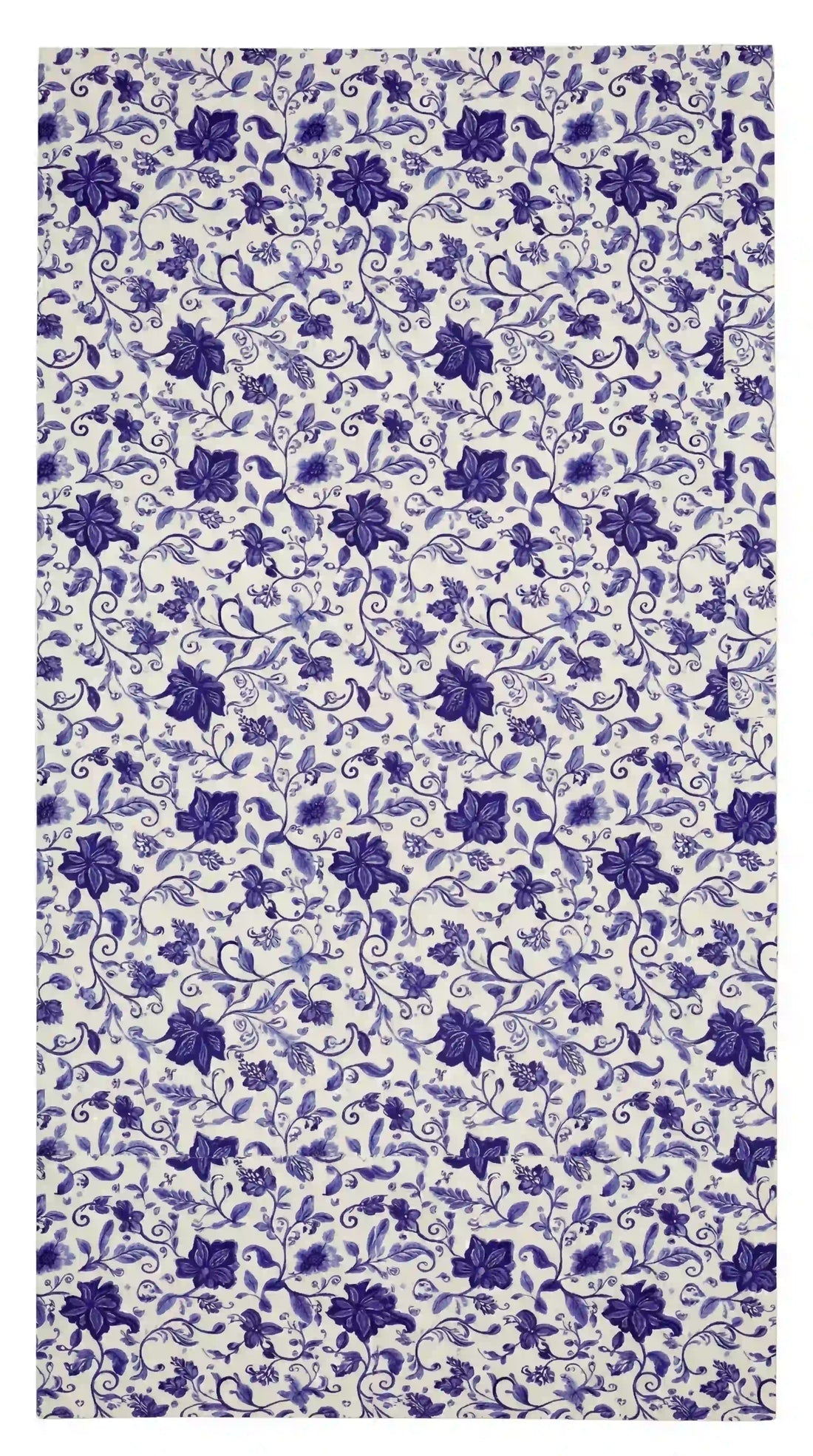 Azure Garden Floral Tablecloth featuring a dense purple floral pattern on white, perfect for adding elegance to party or event settings.