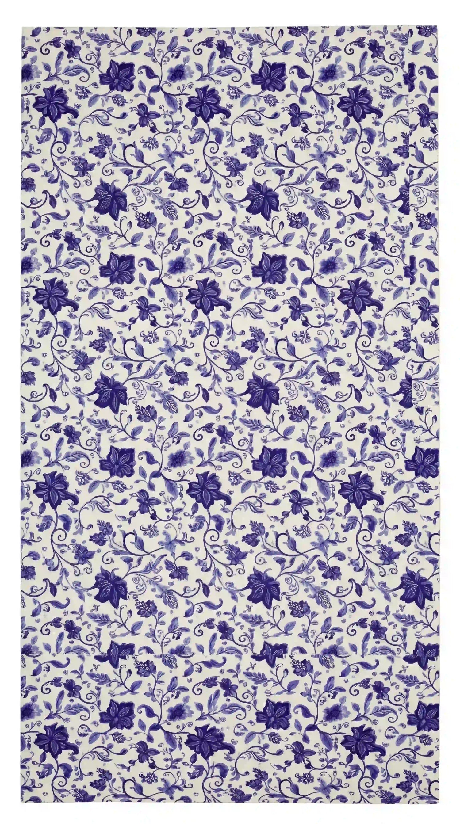 Azure Garden Floral Tablecloth featuring a dense purple floral pattern on white, perfect for adding elegance to party or event settings.