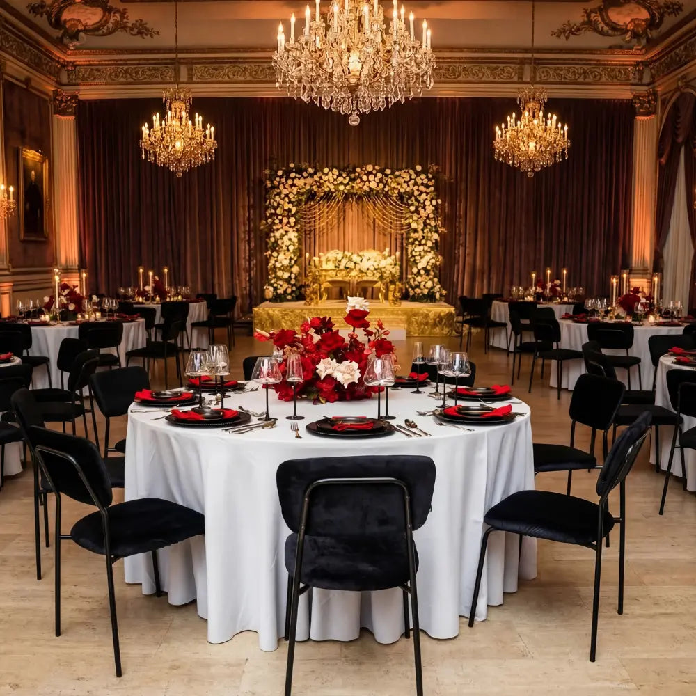 Simple Velvet Chairs with plush seating add modern glamour to a formal event setup, surrounded by elegant tables and luxurious decor in a banquet hall.