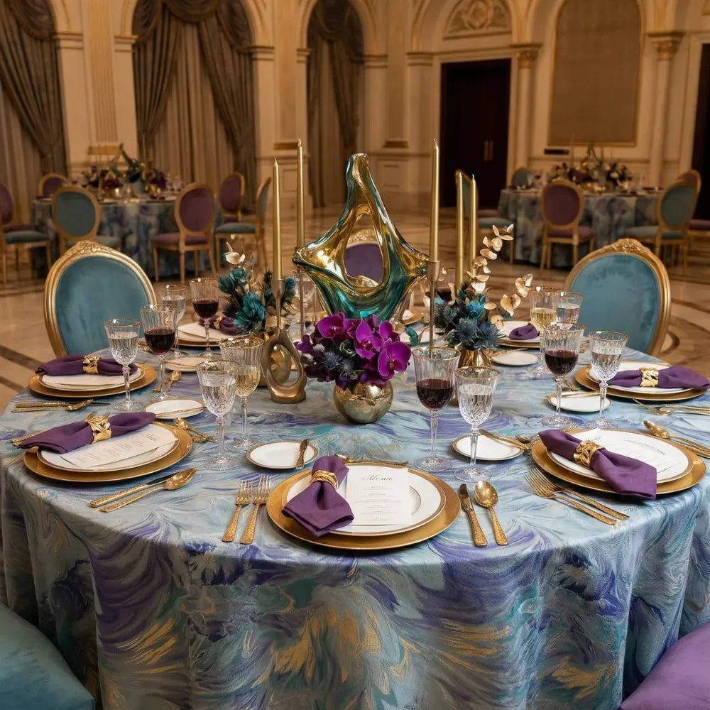 BLUE BRUSHED ROUND TABLECLOTH elegantly drapes a banquet table with teal, blue, and gold swirls, complemented by gold accents and luxurious crystal glassware in a formal setting.