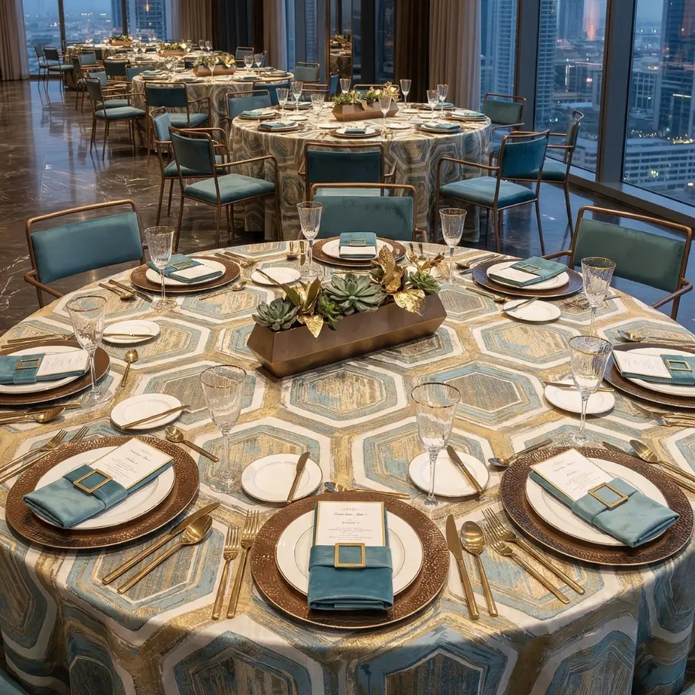 BLUE &amp; GOLD GEOMETRIC PATTERN-ROUND TABLECLOTH elegantly drapes a formal banquet table, enhancing luxury with gold flatware, teal napkins, and succulent centerpieces.