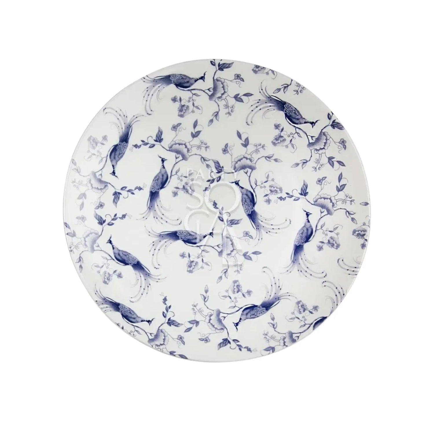Blue Peacock Plates with elegant bird and floral motifs, perfect for adding sophistication to any dining setting. Available in dinner, dessert, and B&amp;B sizes.