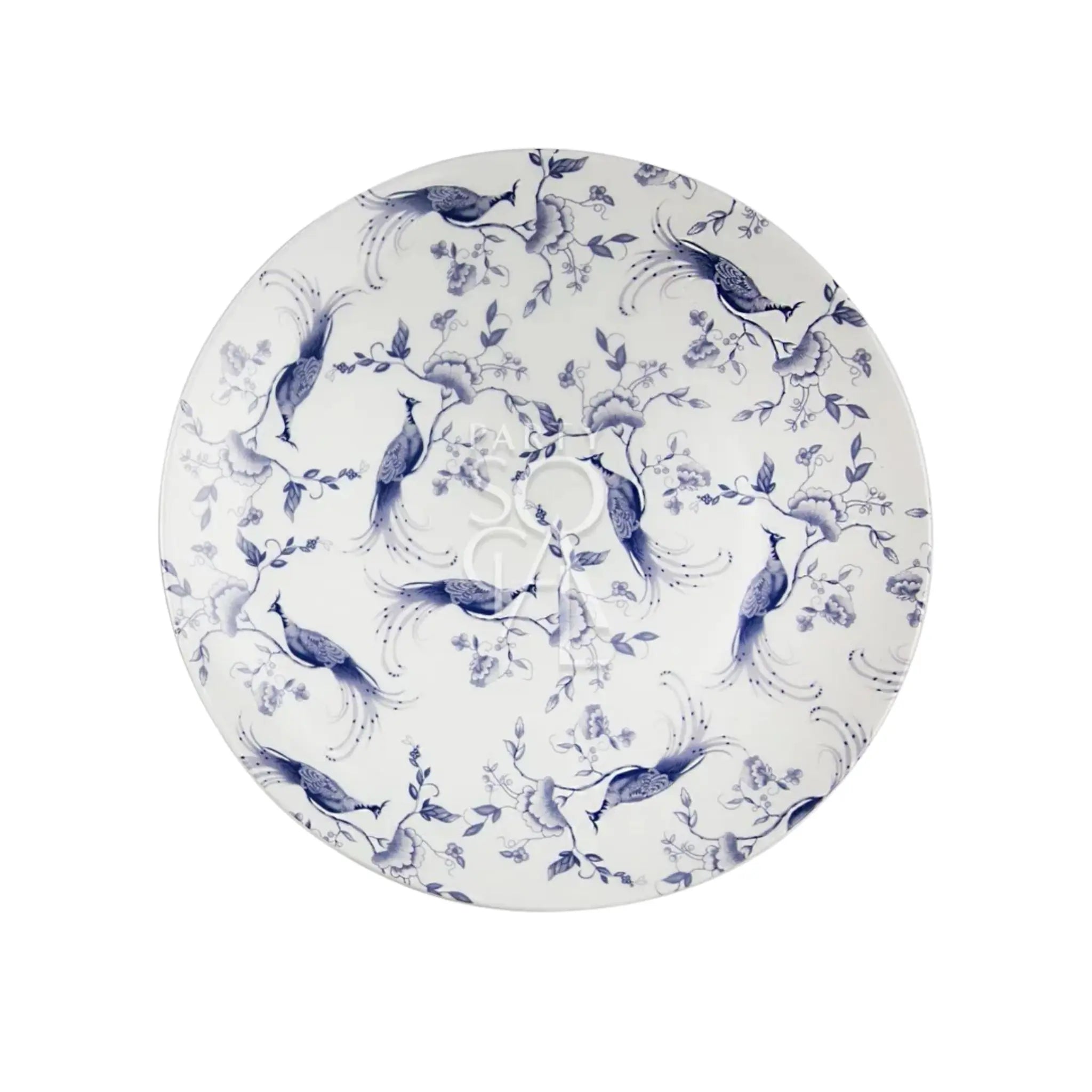 Blue Peacock Plates with elegant bird and floral motifs, perfect for adding sophistication to any dining setting. Available in dinner, dessert, and B&amp;B sizes.