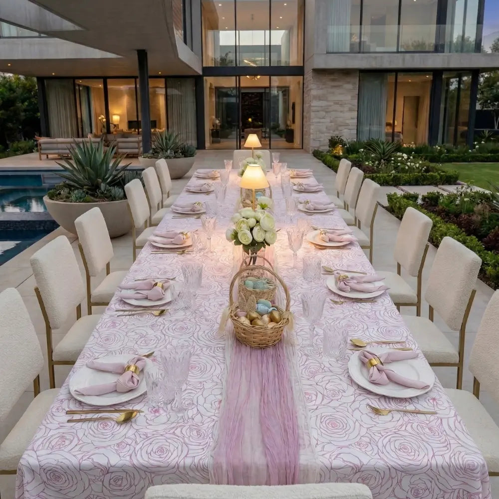 GAUZE TABLE RUNNERS adorn an elegant outdoor dining setup, enhancing the table with their unique creased style, perfect for special occasions.