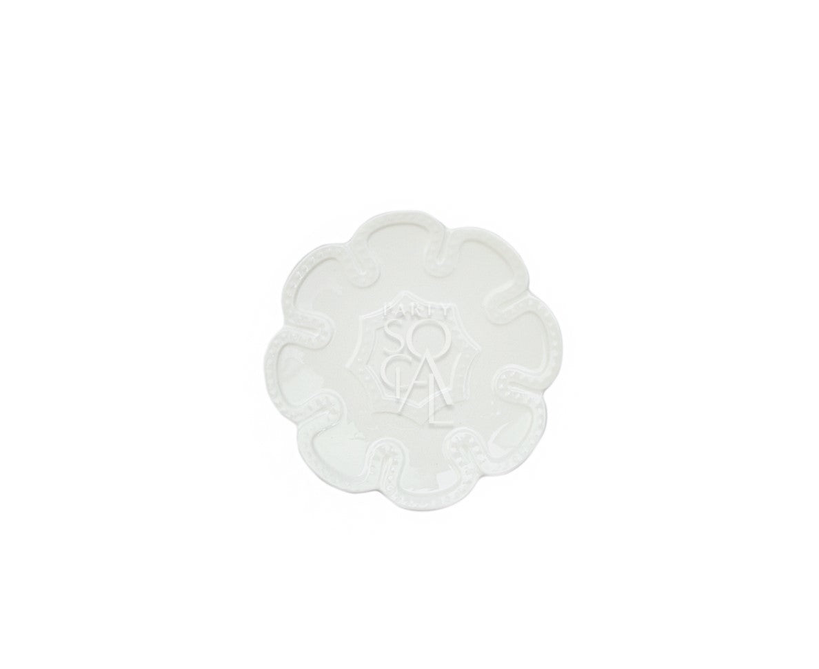 White embossed plates featuring a modern style and logo, ideal for luxurious table setups, available in various sizes for elegant dining occasions.