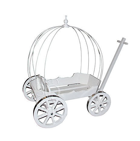 White Pumpkin Carriage with wheels, ideal for event props like baby showers or weddings. Model shown is 125cm long, suitable for decorative purposes.