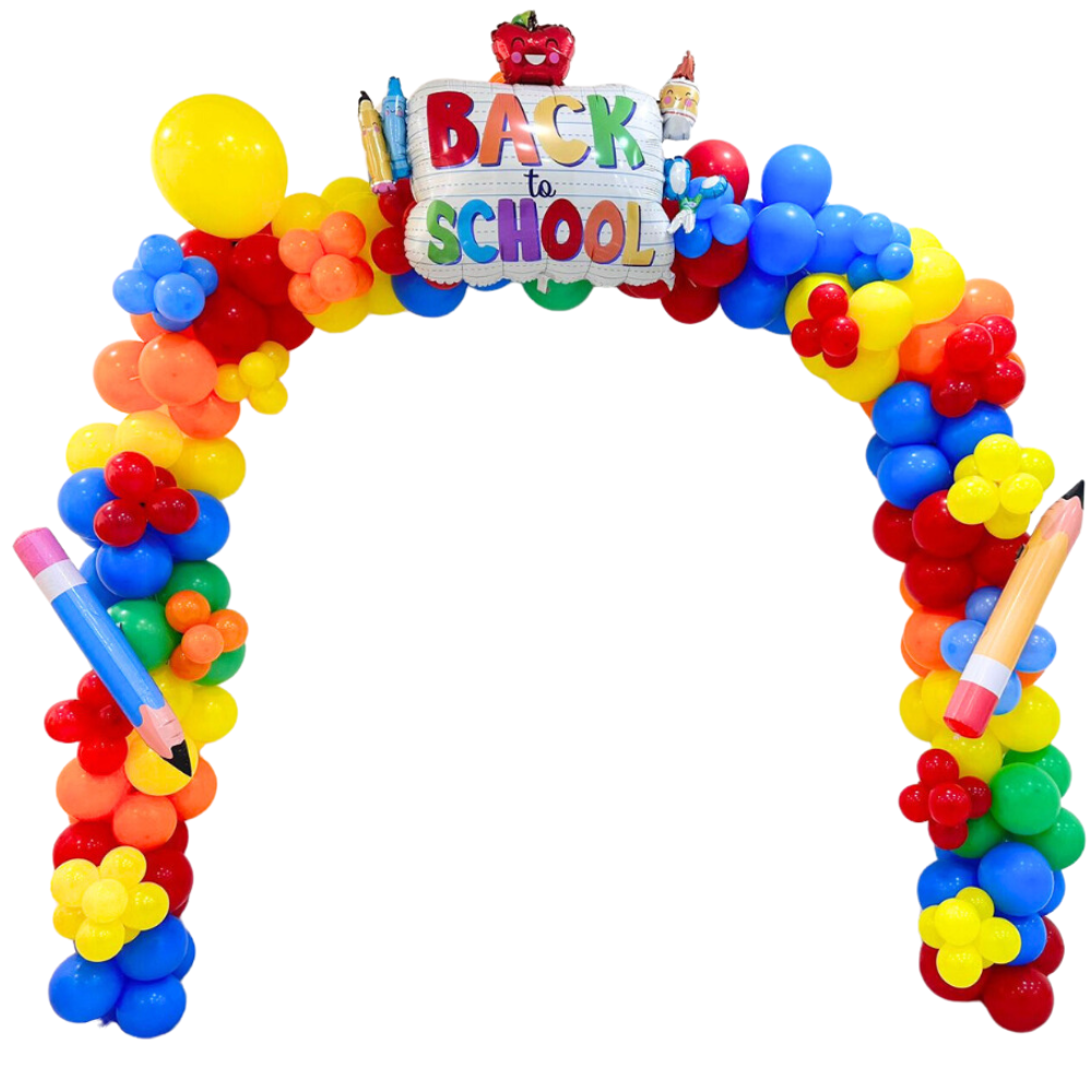 Back To School Balloon Arch featuring pencils and a sign, ideal for event decorations and creating memorable party setups.