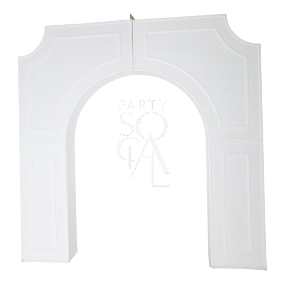 CLASSIC WHITE ARCH backdrop suitable for various events, featuring a sleek design with dimensions 33cm D x 250cm W x 240cm H.