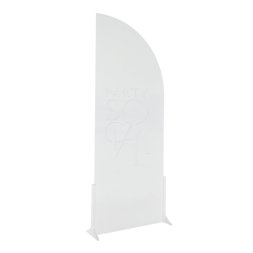 WHITE WOOD CURVED BACKDROP for events, featuring a white sign with a curved top, ideal for weddings and parties. Suitable for standalone use or with additional arches.