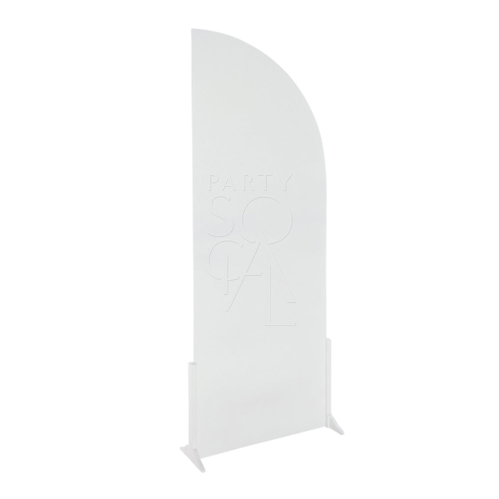 WHITE WOOD CURVED BACKDROP, ideal for event decor, features a standalone white wooden arch, perfect for weddings, birthdays, or showers, enhancing any stage or setup.