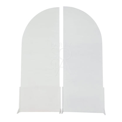 WHITE WOOD CURVED BACKDROP, a white arch-shaped display ideal for enhancing event decor, suitable alone or with other arches, perfect for weddings or special occasions.