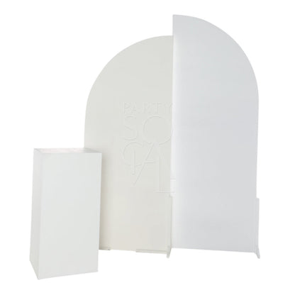 WHITE WOOD CURVED BACKDROP featuring a sleek white arch, ideal for enhancing event decor, suitable for weddings, birthdays, and more, as a standalone or combined piece.