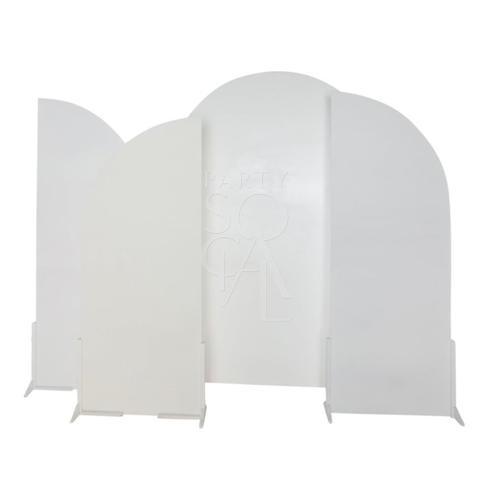 White Wood Curved Backdrop, ideal for events, shown in multiple configurations with folding screens, suitable for weddings or parties.