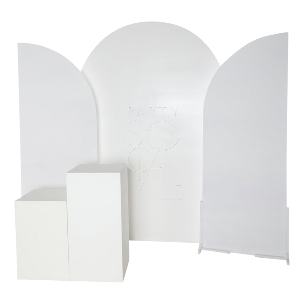 White Wood Curved Backdrop displayed in an arch, ideal for events like weddings or birthdays, enhancing decor when paired with additional arches or podiums.