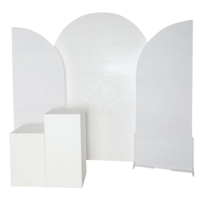 WHITE WOOD CURVED BACKDROP on a display stand, ideal for events like weddings and parties, compatible with arches or podiums for enhanced visual impact.