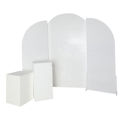 WHITE WOOD CURVED BACKDROP for events, showcasing a sleek arch design ideal for weddings or parties, enhancing visual appeal when paired with other arches.