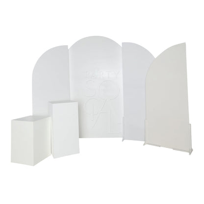 WHITE WOOD CURVED BACKDROP for event decor, showcasing a group of white arches ideal for weddings or celebrations, enhancing any event with elegance.