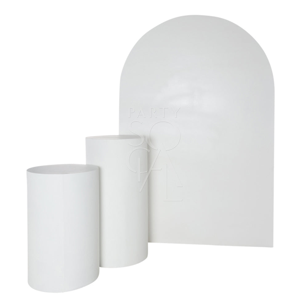 WHITE WOOD CURVED BACKDROP featuring elegant white arches, ideal for enhancing event decor, such as weddings and birthdays, with versatile pairing options for dramatic impact.