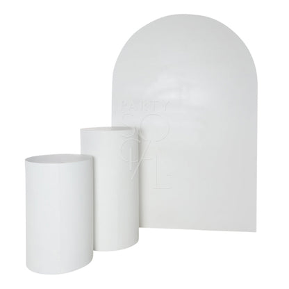 WHITE WOOD CURVED BACKDROP featuring elegant white arches, ideal for enhancing event decor, such as weddings and birthdays, with versatile pairing options for dramatic impact.