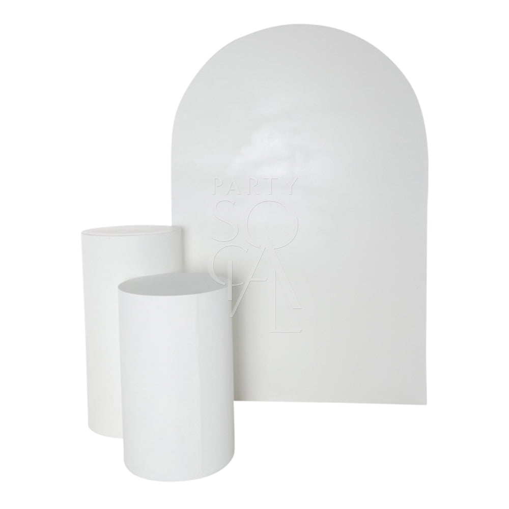 WHITE WOOD CURVED BACKDROP: A set of white cylindrical arches, ideal for event decor, enhancing spaces like weddings or parties with elegant design.