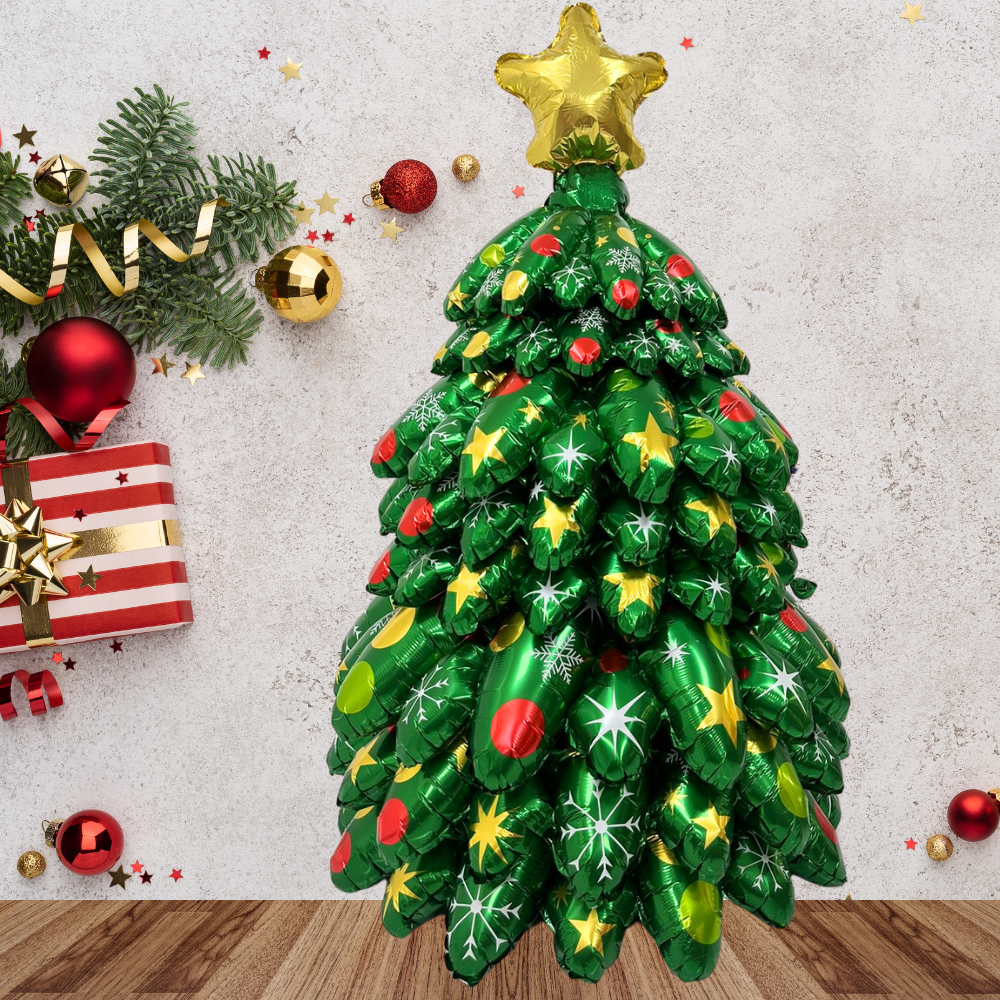 Christmas Tree Balloon Stack featuring a balloon shaped like a green Christmas tree with additional festive ornaments, perfect for holiday celebrations.