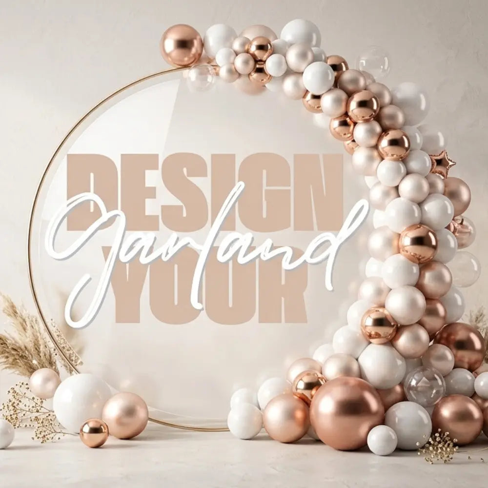 Balloon arch with gold, rose gold, and white balloons against a light background with 'Design Your Own' text.