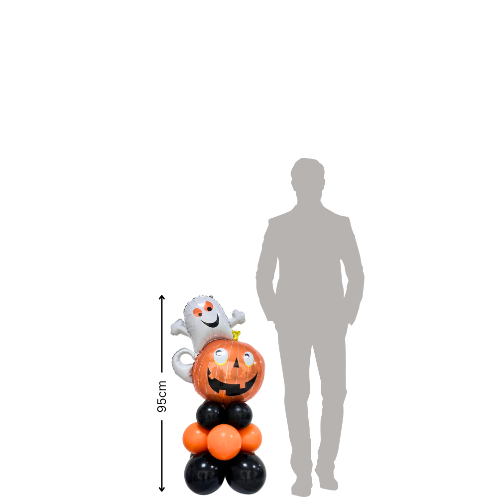 Ghost Pumpkin Balloon Stack featuring a festive Halloween design with orange and black balloons, perfect for enhancing party decor as a floor or table centerpiece.