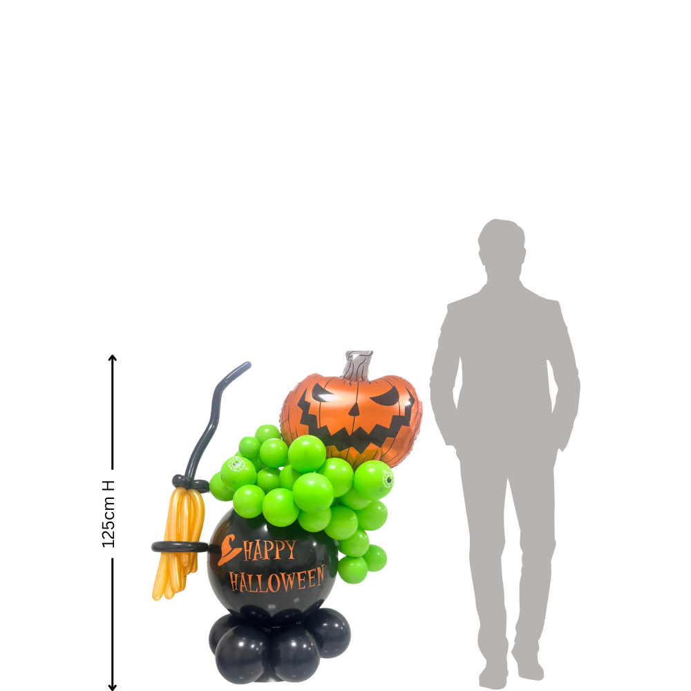 Witch Pot Balloon Stack featuring lime green and black balloons with a printed 24-inch balloon, ideal for Halloween parties, either floor-standing or table placement.