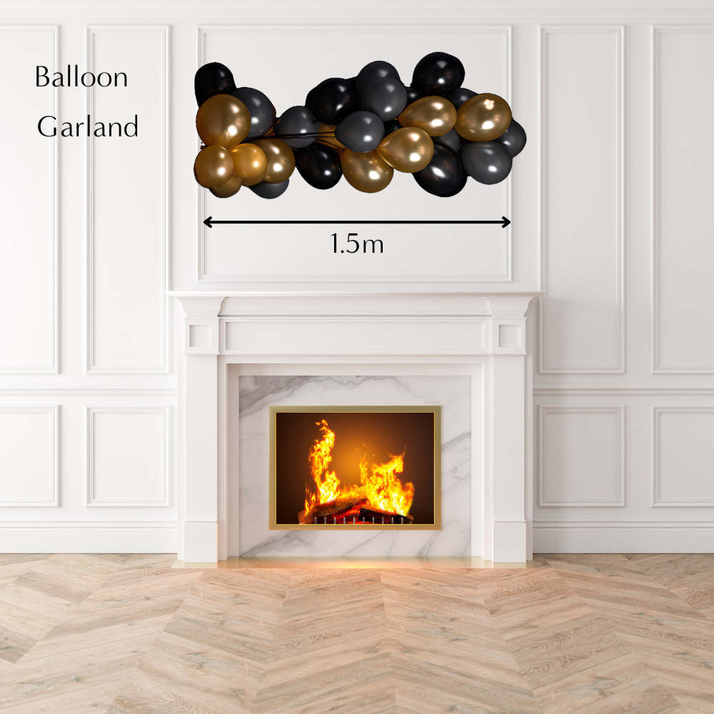 Customize Inflated Balloon Garland-1.5m adorning a cozy fireplace, featuring black and gold balloons, perfect for elevating any celebration or event ambiance.