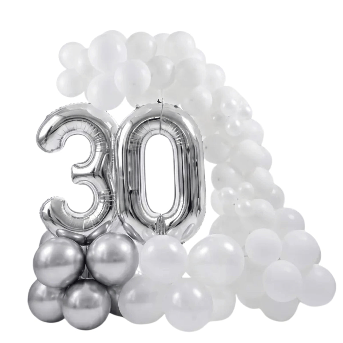Silver foil number 30 balloons with a cluster of white and silver balloons behind them, arranged on a plain white background.