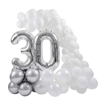 Silver foil number 30 balloons with a cluster of white and silver balloons behind them, arranged on a plain white background.