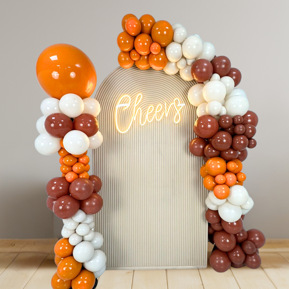 Autumn Balloon Package featuring a sand-moulded balloon arch and pillar, perfect for enhancing any occasion with elegant decor.