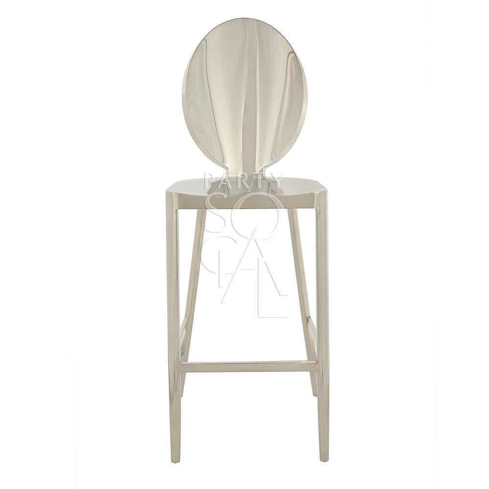 BAR STOOL SILVER: Elegant silver chair with mirrored design, perfect for adding sophistication to any event setting. Ideal for rentals or purchases from Party Social.