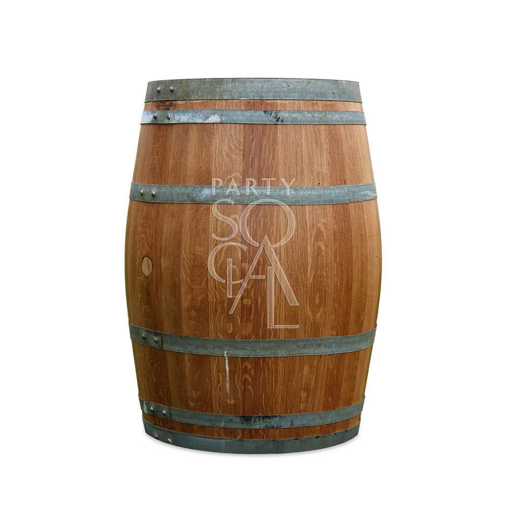 RUSTIC WINE BARREL TABLE 225LTR, a wooden barrel with metal rings, ideal for creating unique cocktail tables or bar areas at events.