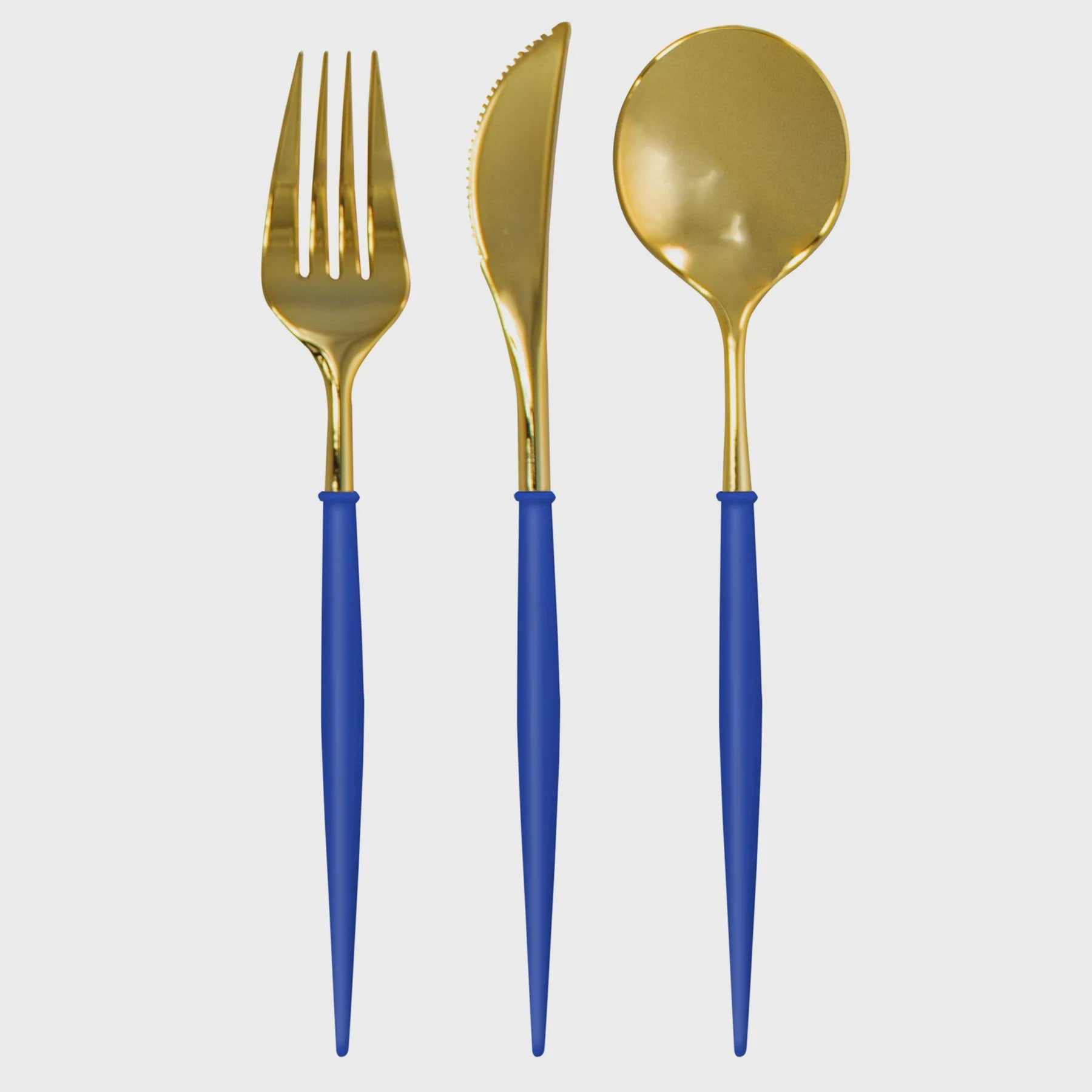 Bella Plastic Cutlery in Gold and Blue by Sophistiplate, featuring a spoon, fork, and knife with sleek modern design, perfect for elevating any table setting or event.
