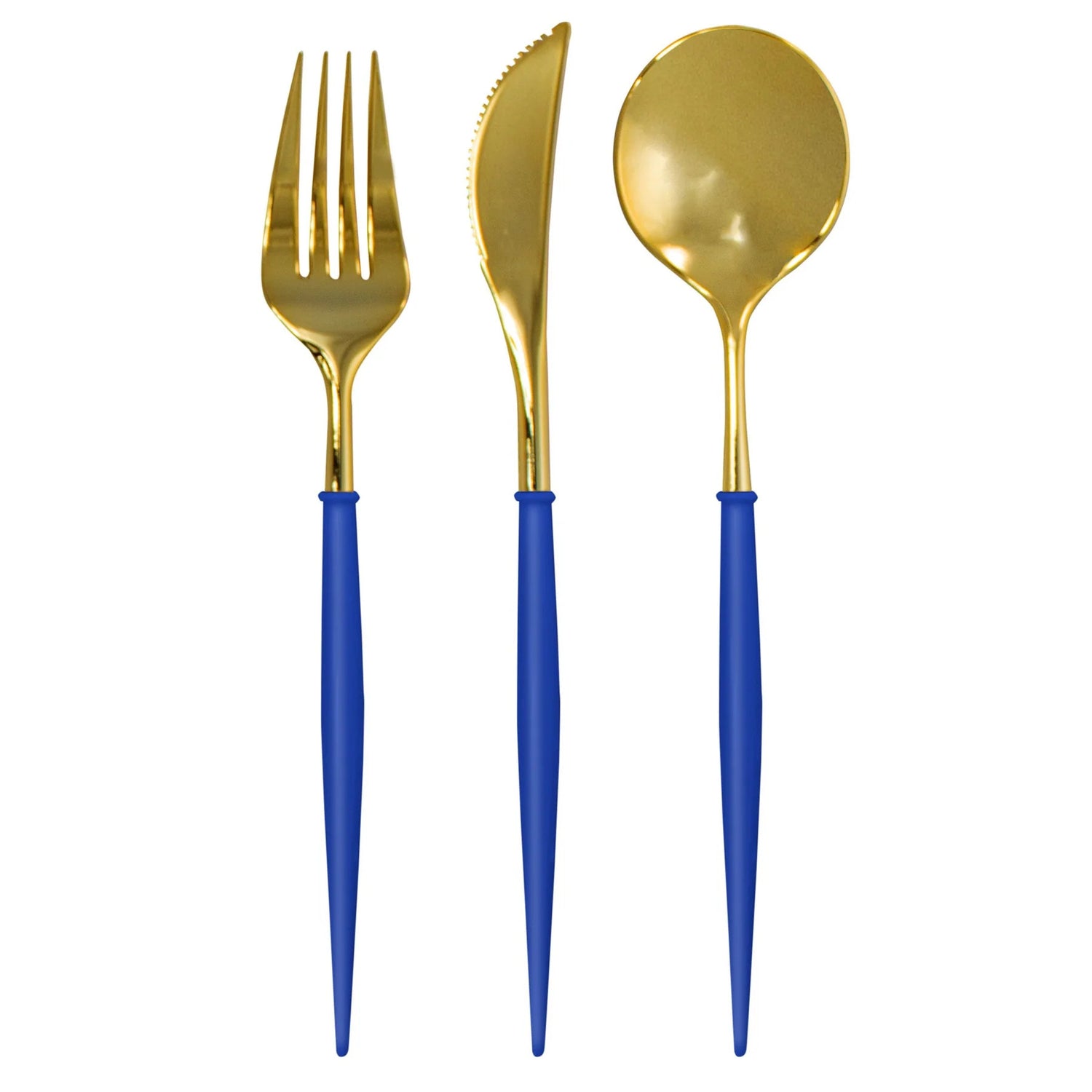 Bella Plastic Cutlery in Gold and Blue. Sleek, modern disposable spoon, fork, and knife set by Sophistiplate, perfect for elevating any event table setting.