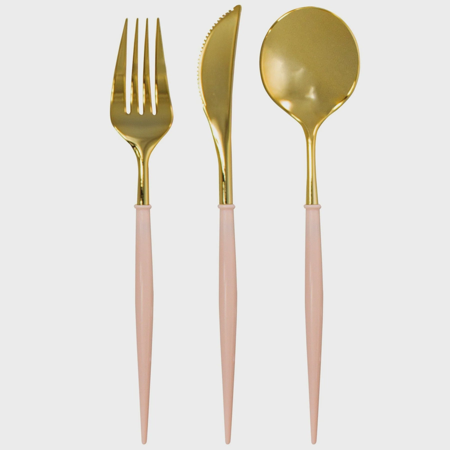 Bella Plastic Cutlery in Gold and Pink: a sleek set of disposable spoon, fork, and knife, perfect for elevating any event or table setting.
