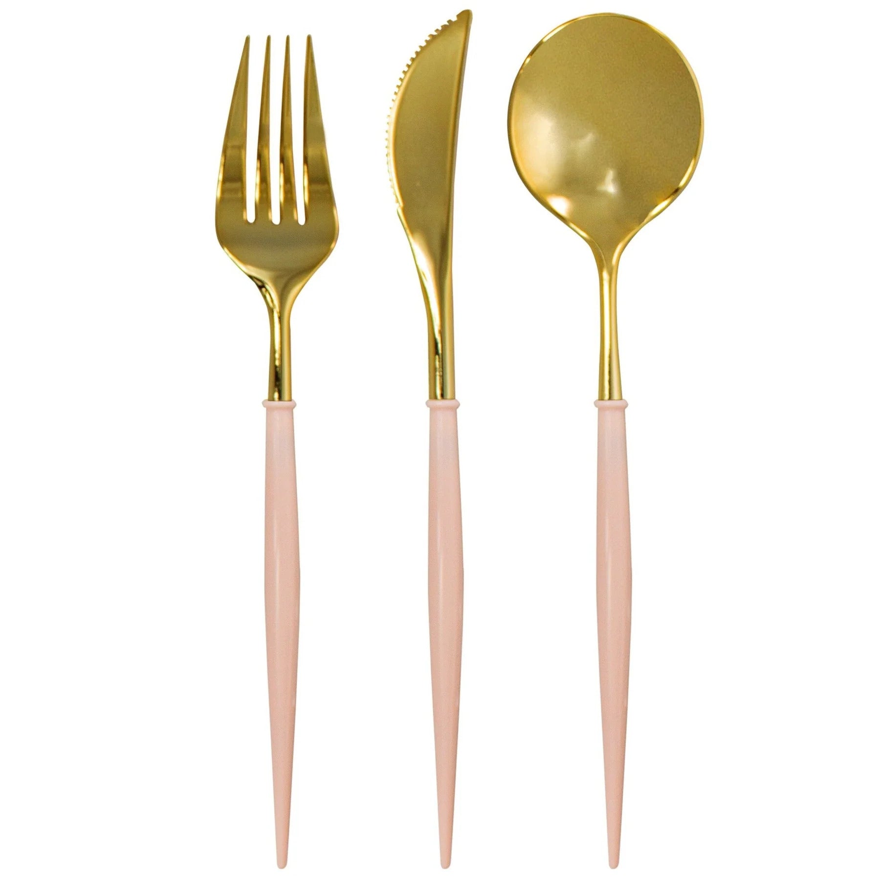 Bella Plastic Cutlery in Gold and Pink by Sophistiplate, featuring a spoon, fork, and knife, ideal for elevating any table setting or event.