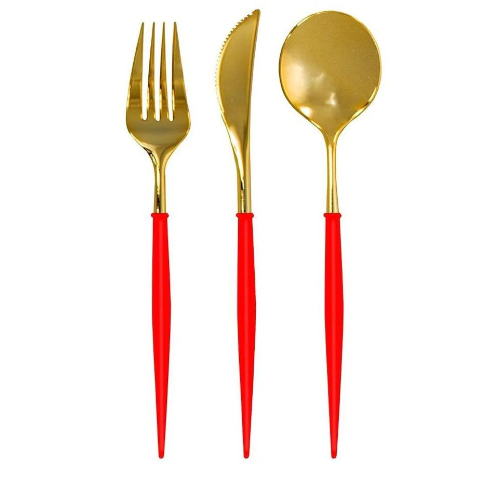 Bella Cutlery in Gold and Red by Sophistiplate, featuring a modern design spoon, fork, and knife, perfect for enhancing any table setting or event.