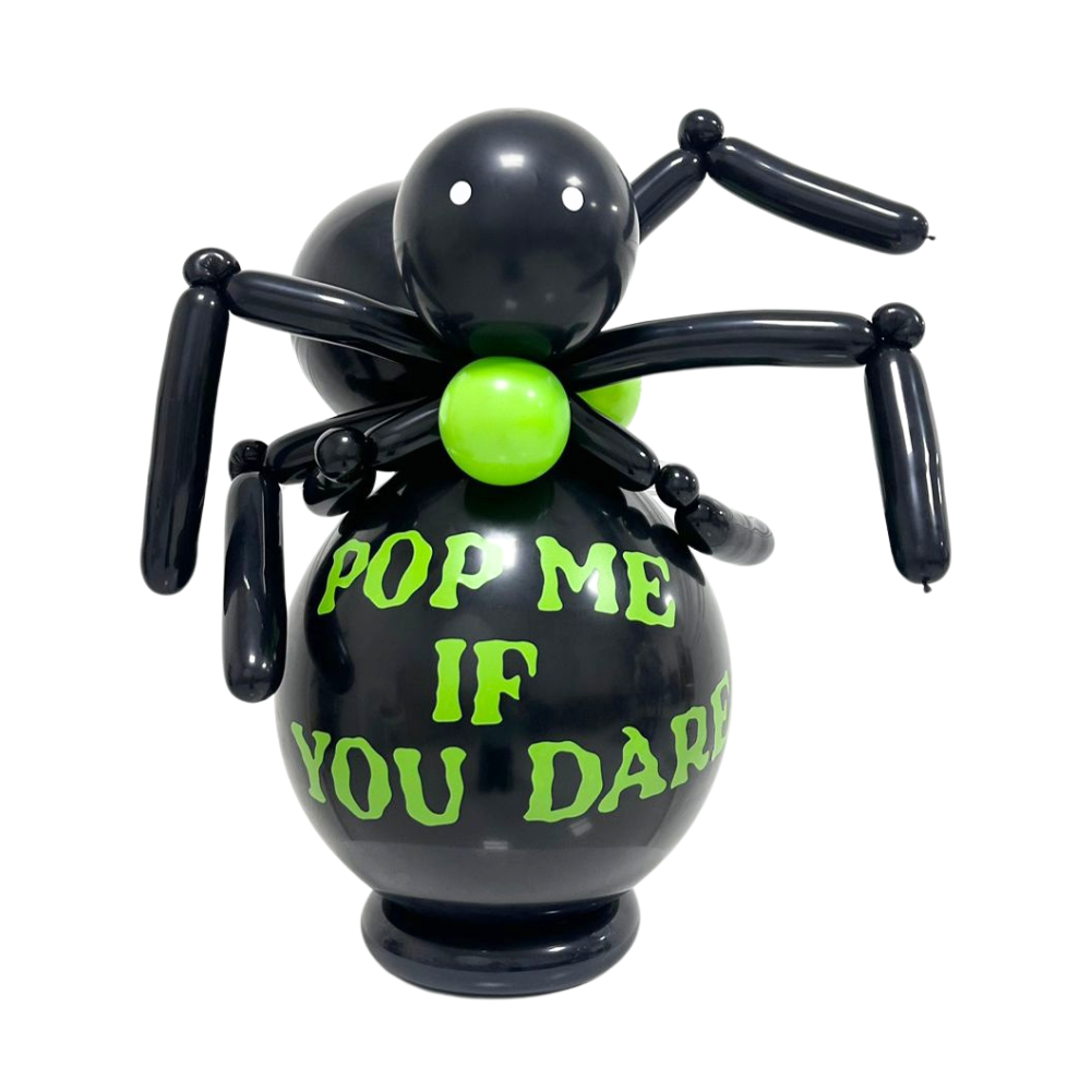 Black Spider Balloon Stack for Halloween parties, featuring a unique design with printed 18-inch balloon. Ideal for floor-standing or table placement.