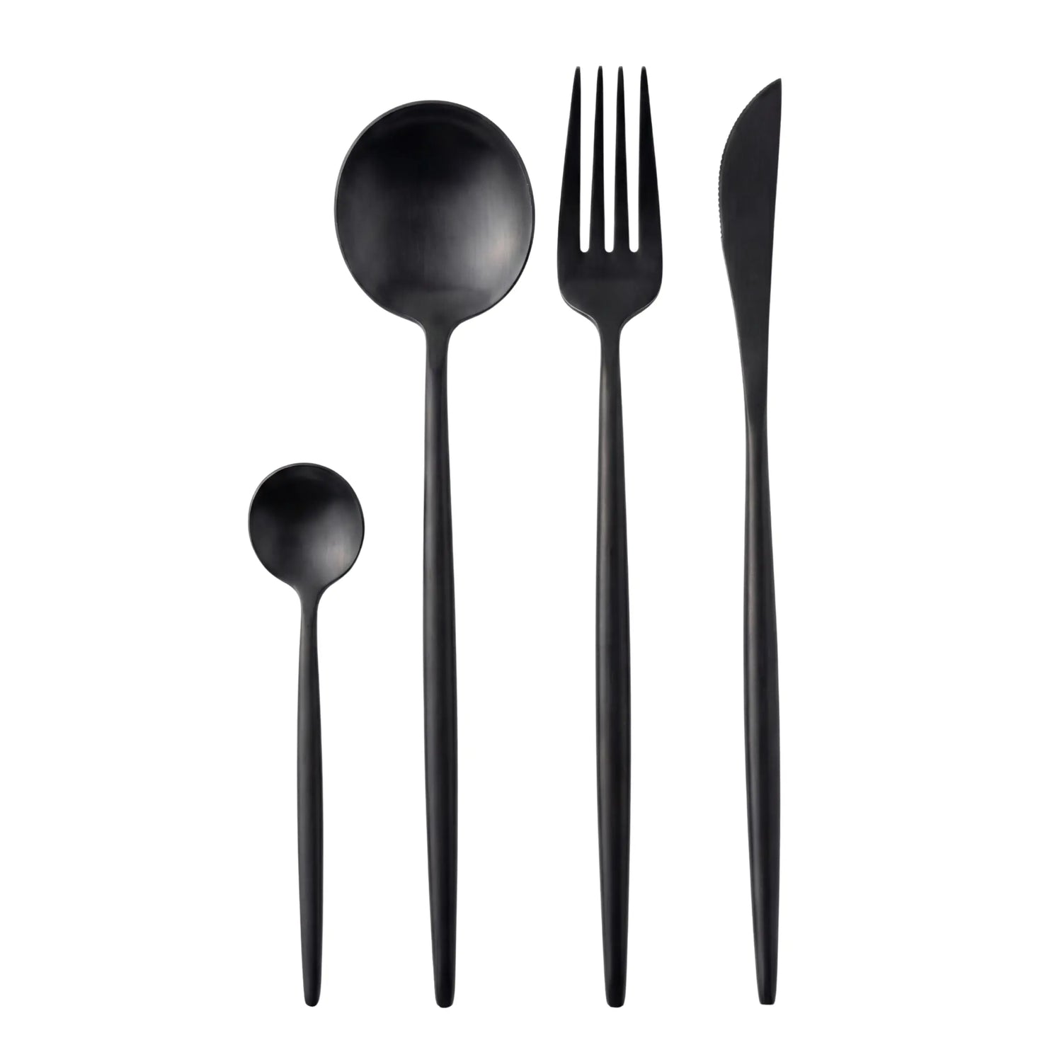 Black Modern Cutlery Collection: A matte-black flatware set featuring a teaspoon, soup spoon, dinner fork, and knife, perfect for making a stylish table statement.