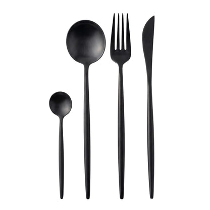 Black Modern Cutlery Collection: A matte-black flatware set featuring a teaspoon, soup spoon, dinner fork, and knife, perfect for making a stylish table statement.