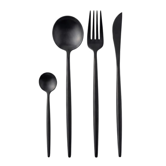 Black Modern Cutlery Collection: A matte-black flatware set featuring a teaspoon, soup spoon, dinner fork, and knife, perfect for making a stylish table statement.