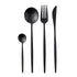 Black Modern Cutlery Collection: A matte-black flatware set featuring a teaspoon, soup spoon, dinner fork, and knife, perfect for making a stylish table statement.