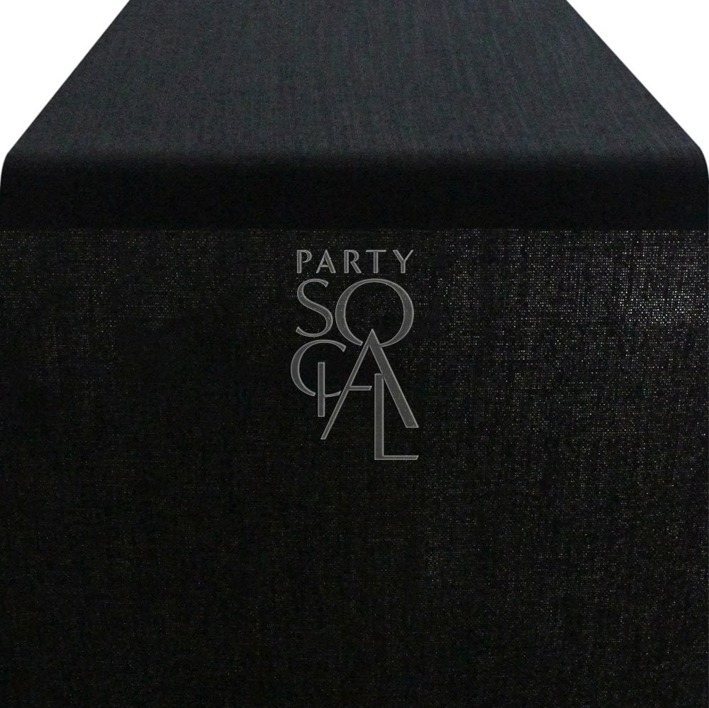 LINEN BLEND TABLE RUNNER featuring a sleek black rectangular design with a subtle logo, perfect for elevating glamorous tabletops at special events.