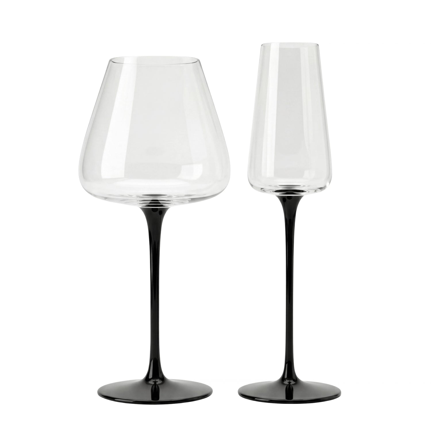 Black Stem Glassware Collection: Two elegant glasses with matte black stems, one with a wide bowl for wine, the other a slender champagne flute, ideal for stylish events.