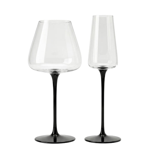 Black Stem Glassware Collection: Two elegant glasses with matte black stems, one with a wide bowl for wine, the other a slender champagne flute, ideal for stylish events.