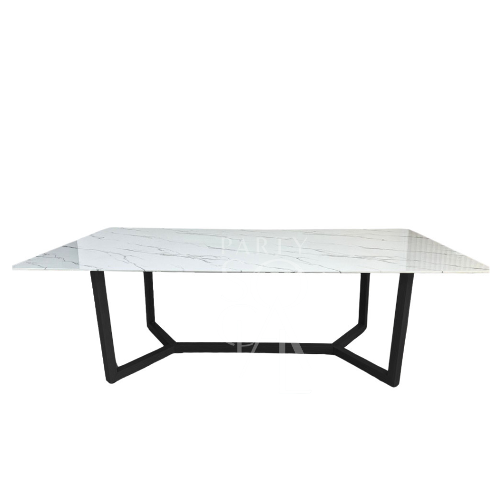 BLACK BASE WITH WHITE MARBLE TOP table, ideal for corporate events and home functions, showcasing a sleek design with a durable marble top and sturdy black legs.